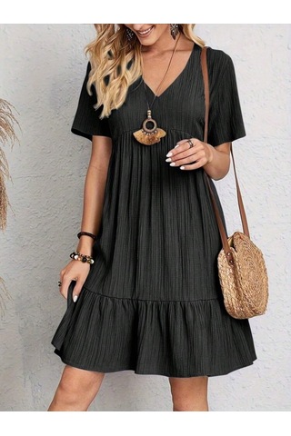 Kadın Kısa Kollu V Yakalı Fırfırlı Bürümcük Elbise Siyah