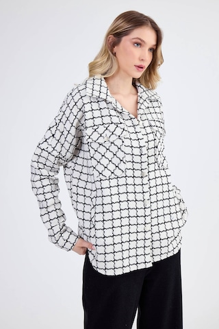 Vitrin Kapak Cepli Desenli Oversize Gömlek Ekru