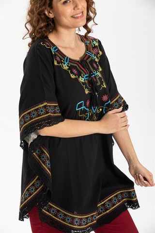 Kısa Kol Şile Bezi Gülseren Bluz Siyah Syh