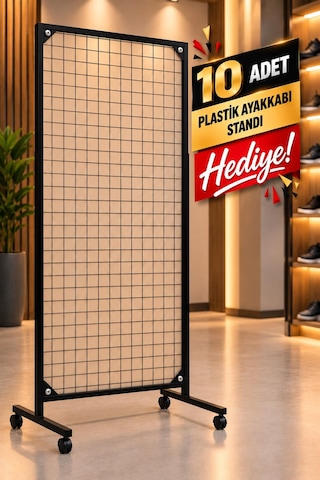 Tekerlekli Sık Telli Tel Raf - Tel Pano Stand, Duvar Askılığı-10 Adet Plastik Ayakkabı Standı Hediyeli 90x190 Cm 90 x 190 CM