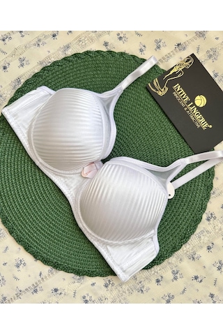 Evelyn Parlak Saten Çizgi Detaylı C Cup Balenli Desteksiz Önü Tül Beyaz