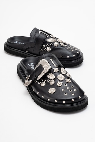 Luvishoes Luvi Shoes Maril Siyah Cilt Hakiki Deri Kemerli Tokalı Burnu Kapalı Kadın Terlik Siyah