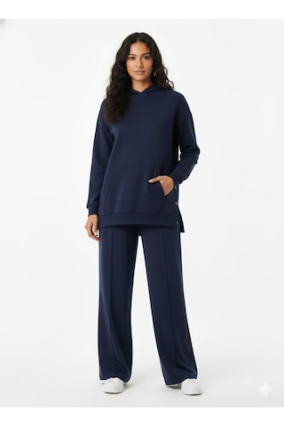 Soft&Basic Kapüşonlu Yanları Çıt Çıt Detaylı Sweatshirt Ve Nervürlü Pantolon Alt Üst Takım Lacivert