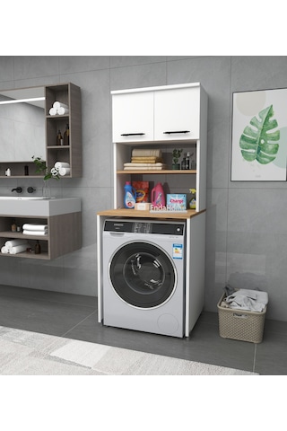 Enda Home Çamaşır Makinesi Dolabı 2 Kapaklı Banyo Dolabı Çam Atlantik Çam - Beyaz
