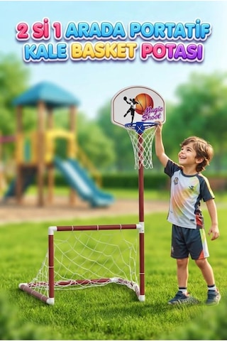 2'si 1 Arada Portatif Futbol Kalesi Ve Basketbol Potası Seti Eğlenceli Eğitici Spor Oyuncağı 126 Cm