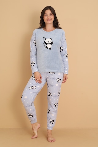 Fawn 1204 Peluş Welsoft Polar Kışlık Yumoş Panda Kadın Pijama Takımı Açık Mavi