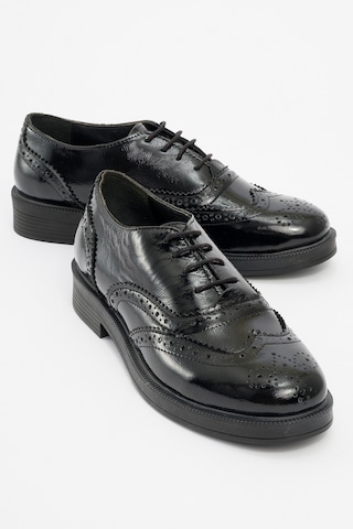 Luvishoes Avra Siyah Rugan Hakiki Deri Kadın Oxford Ayakkabı Siyah-Rugan