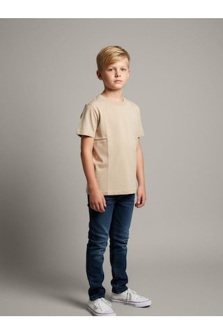 Zekids Çocuk Pamuklu Basic Yuvarlak Yaka T-shirt-16714 Bej