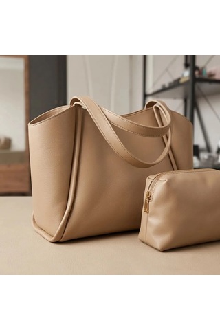 Zennamoda Bej Yumuşak Deri Omuz Çantası 31x24 Cm Ekstra Makyaj Çantalı Günlük Kadın Çanta Çok Renkli