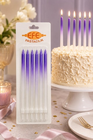 Metalik Beyaz Mor Uzun Pasta Mumu 17 Cm Karışık