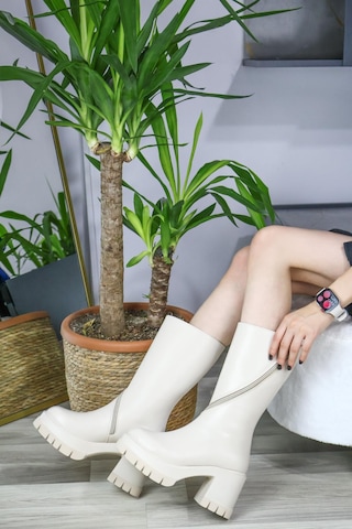 Asmi Shoes Kadın Liva Döner Fermuarlı 8 Cm Topuklu Bot Krem Krem