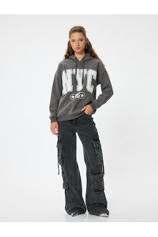 Koton Oversize Kapüşonlu Sweatshirt Kolej Baskılı Şardonlu Antrasit 5wal10165ık Antrasit