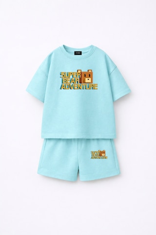 Fasardi Super Bear Adventure Süper Ayı Baskılı Oversize %100 Pamuk Tişört Şort 2li Çocuk Takım Bebek Mavi