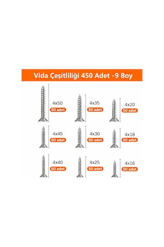 Ağaç Ve Sunta Vidası Seti 450 Adet 9 Boy Dayanıklı Çelik Vida Seti 1