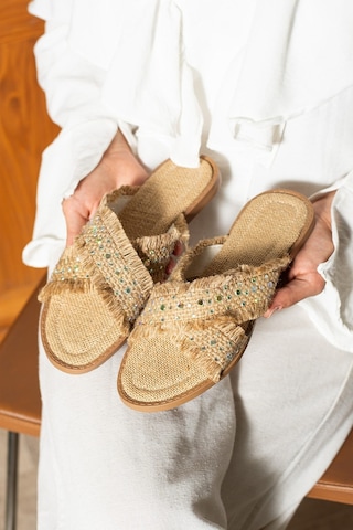 Dabab Shoes İnka Kadın Hasır Dokulu Kuş Gözü Detaylı Düz Bej Terlik