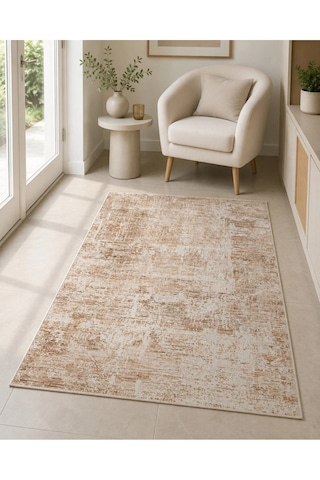 Sahra Collection Modern Vintage Desenli Eskitme Dokuma Yumuşak Salon Halısı Krem - Turuncu