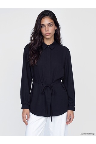 Lcw Modest Siyah Beli Kuşaklı Kadın Gömlek Tunik