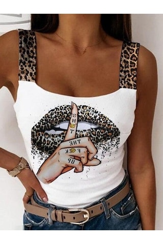 Etiler Collection Kadın Leopar Askılı Leopar Baskılı Mikro Kumaş Bluz Beyaz