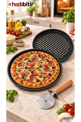 Bymyhand Teflon Kaplama Siyah Yanmaz Yapışmaz Pizza Tepsisi 2'li Set 28 32 Cm Pizza Kesici Hediyeli