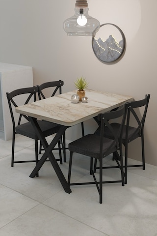 Modern Yemek Masası Takımı 70x110 Cm Oval Mutfak Masası & 4 Adet Tonet Model Kumaş Döşemeli Sandalye Krem