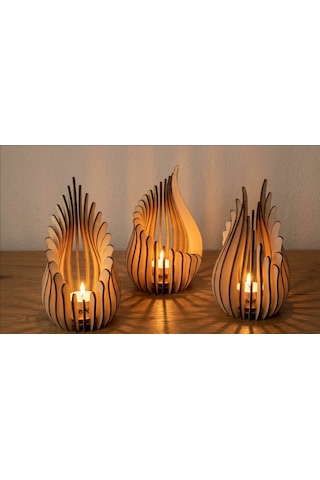 Ateş 3'lü Tealight Mumluk Ahşap Mumluk + Led Pilli Mum Ham Mdf