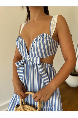 Fashion Cocktail Santorini Marin Renk Fiyonklu Bel Pencereli Sırt Lastikli Pamuklu Çizgili Şirin Yazlık Elbise Mavi Mavi