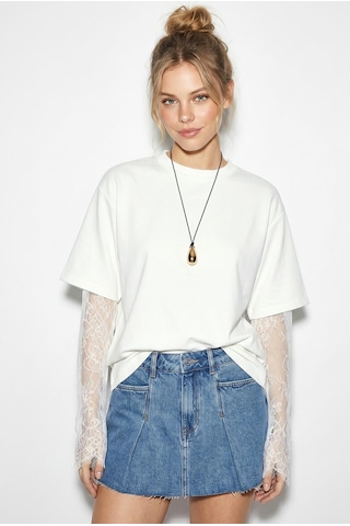 Shade Kadın Bisiklet Yaka Dantel Kollu Oversize Pamuklu T-shirt 1049 60286075 - Beyaz