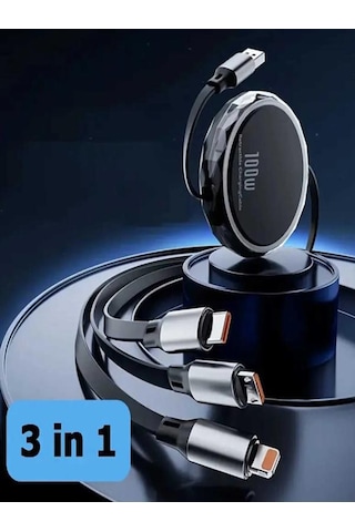 Arenist 100w Watt 3in1 Usb Kablosu Type-c Lightning Micro 3ü1 Arada Usb Kablosu Makara Özellikli