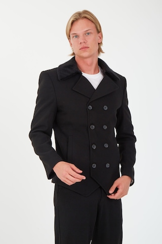 Sposo 1702 Yaka Çıkmalı Kruvaze Yünlü Kaşe Siyah Erkek Kısa Kaban Siyah