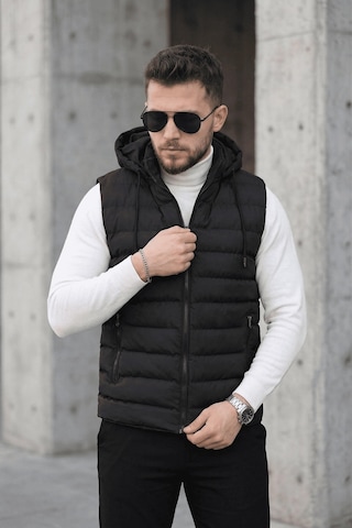 Yelly Slim Fit Fermuarlı Cep Detaylı Erkek Şişme Yelek - Çıkarılabilir Kapüşonlu & Astarlı Siyah
