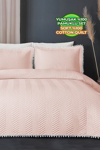 Evlen Home Ponponlu %100 Pamuk Tek Kişilik Günlük Yatak Örtüsü Pike Takımı Seti Pudra