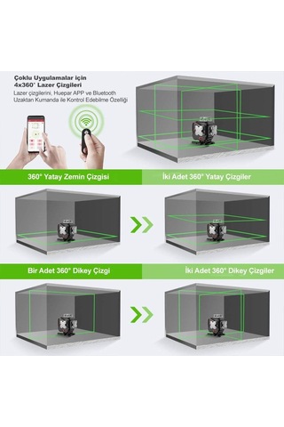 Kobb Kbl36gtp Profesyonel Li-ion Şarjlı 4x360⁰ Lcd Ekran Otomatik Hizalamalı Yeşil Çapraz Çizgi Lazer Distomat + Uzaktan Kumanda + Tripod + Taşıma Çan