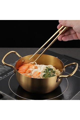 Gümüş Ramen Erişte Pot Hızlı Isıtma İki Kolları Gıda Sınıfı Paslanmaz Çelik Kore Ramen Erişte 18cm