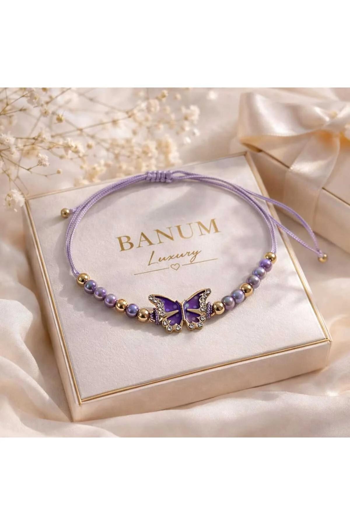 Banum Luxury Zarif Kelebek Detaylı Ayarlanabilir İpli Şık Tasarım Bileklik Sarı