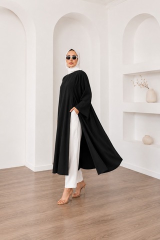 Unika Boutique Kadın Uzun Yırtmaçlı Abaya Tunik Siyah