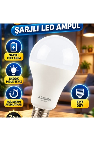 30w Şarjlı Led Ampul E27 Duy 6400k Soğuk Beyaz Acil Durum Aydınlatması
