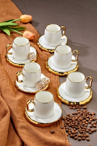 Carmen 6 Kişilik Porselen Gold Detaylı Çay Fincan Takımı Beyaz