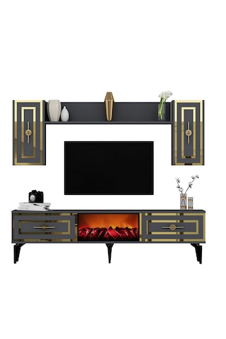 Violla Şömineli Tv Ünitesi Takımı Antrasit-altın