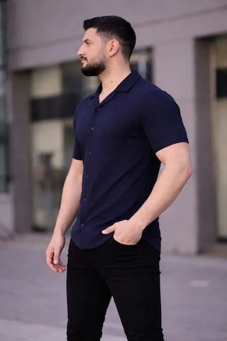 Vexor Erkek Waffle Kumaş Kısa Kollu Düğmeli Açık Yaka Regular Fit Gömlek - Lacivert
