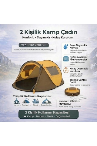 2 Kişilik Vagon Tipi Yarı Otomatik Kamp Çadırı Çift Kapılı, Çift Pencereli, Hafif Taşınabilir Outd Çok Renkli
