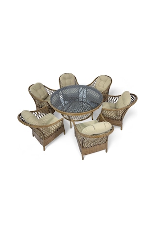 Wellagarden Aras Rattan Bahçe Yemek Masası Takımı, 6 Kişilik, Kahve Kahverengi