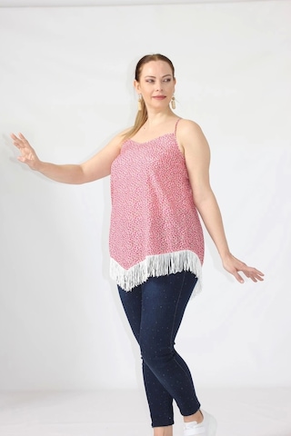 Moda Berray 3280 Etnik Desenli Eteği Saçaklı İnce Askılı Yazlık Bluz Pembe