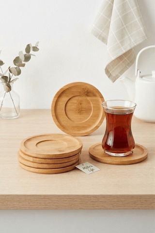 6 Lı Bambu Yuvarlak Çay Tabağı Bardak Altlığı Takımı Seti Mıt1374