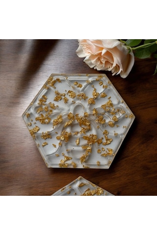 Epoksi Reçine Bardak Altlığı - 4'lü Takım - Altın Varaklı Altın