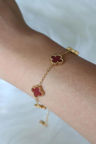 Gold Bordo Doğal Taşlı Premium Çelik Bileklik Gold