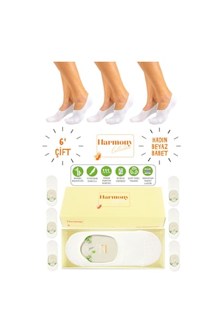 Harmony Collectıon Bambu Kadın Siyah Babet 6 Çift Özel Kutulu, Burun Dikişsiz Ve Silikonlu Kaydırmaz Topuk Premıum Beyaz