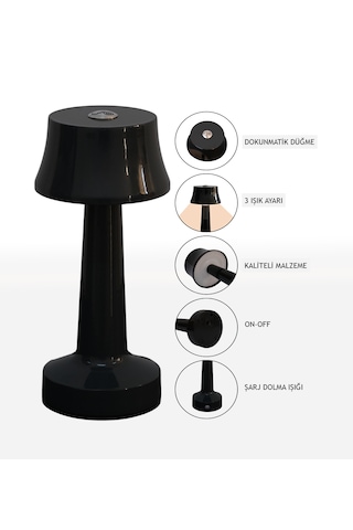Zenlight Metal Dokunmatik Şarjlı Masa Lambası Siyah
