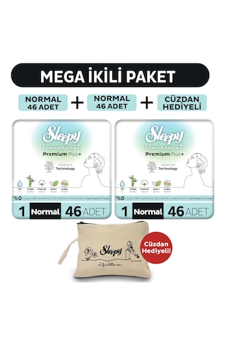 Sleepy Bio Natural Premium Plus Hijyenik Ped Mega Paket Normal 46x2 (92 Adet) + Cüzdan Hediyeli