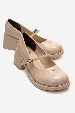 Luvishoes Luanda Bej Bantlı Kadın Kalın Topuklu Mary Jane Ayakkabı