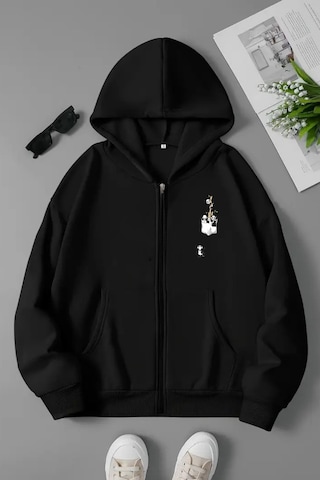 Unisex Siyah Kapüşonlu Fermuarlı Sweatshirt Minik Pandalar Cep Detay Baskılı, Şardonlu Kalın Kumaş Siyah